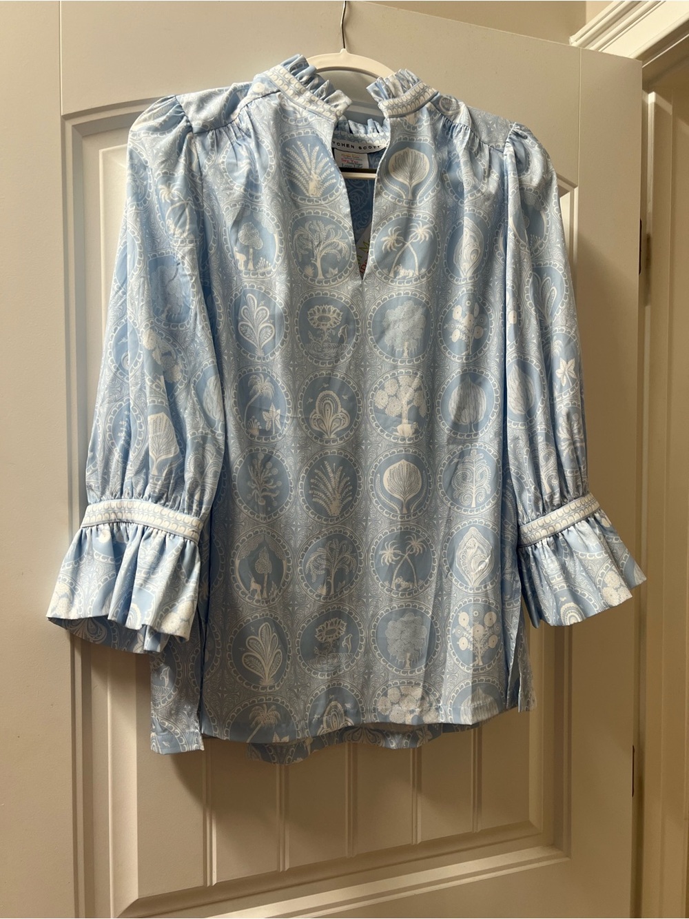 Gretchen Scott Designs Light Blue Printed Ruffle Cuff Blouse